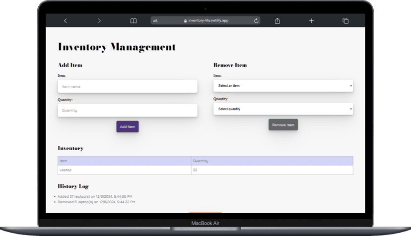 Inventory Management App frontpage